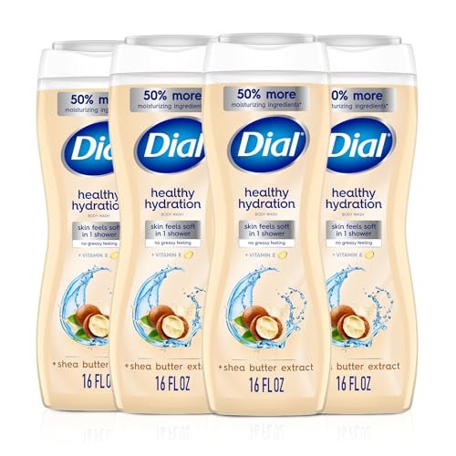 Dial Healthy Hydration Body Wash, Shea Butter Extract + Vitamin E, 16 fl oz (Pack of 4), Gentle & Moisturizing Avelisse