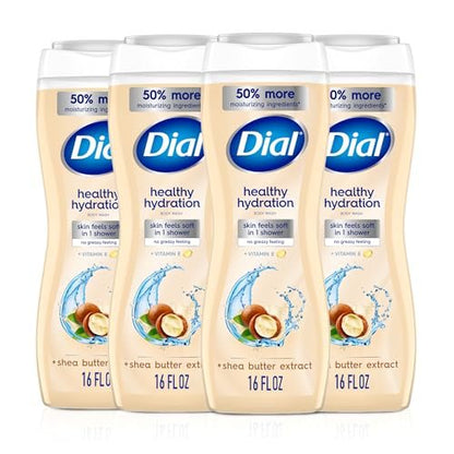 Dial Healthy Hydration Body Wash, Shea Butter Extract + Vitamin E, 16 fl oz (Pack of 4), Gentle & Moisturizing Avelisse
