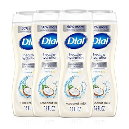 Dial Healthy Hydration Body Wash, Coconut Milk + Vitamin E, 16 fl oz (Pack of 4) - Gentle & Moisturizing Avelisse