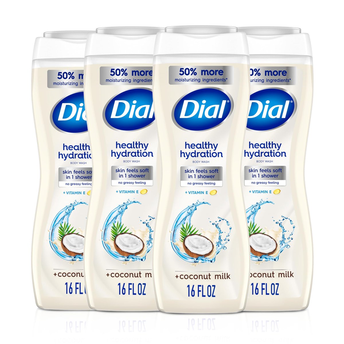 Dial Healthy Hydration Body Wash, Coconut Milk + Vitamin E, 16 fl oz (Pack of 4) - Gentle & Moisturizing Avelisse