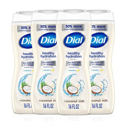 Dial Healthy Hydration Body Wash, Coconut Milk + Vitamin E, 16 fl oz (Pack of 4) - Gentle & Moisturizing Avelisse