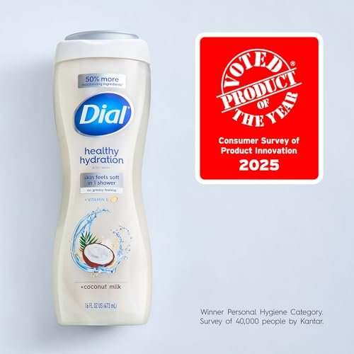 Dial Healthy Hydration Body Wash, Coconut Milk + Vitamin E, 16 fl oz (Pack of 4) - Gentle & Moisturizing Avelisse