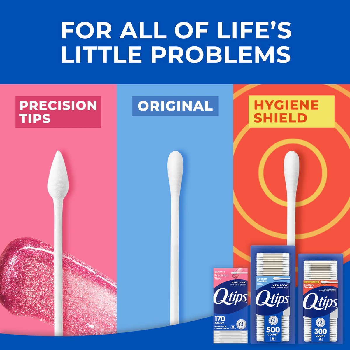 Q-Tips Cotton Swabs Variety Pack: Original, Hygiene Shield & Precision Tips - 1440 Count, 100% Cotton for Home, First Aid & Beauty Avelisse