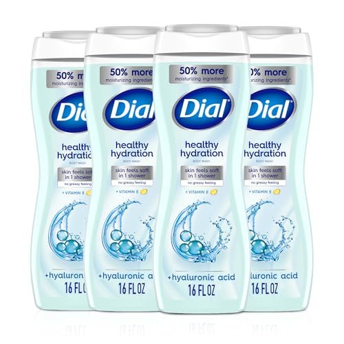 Dial Body Wash Healthy Hydration with Hyaluronic Acid & Vitamin E, 16 fl oz (Pack of 4) - Gentle Moisturizing Body Wash for Soft Skin Avelisse