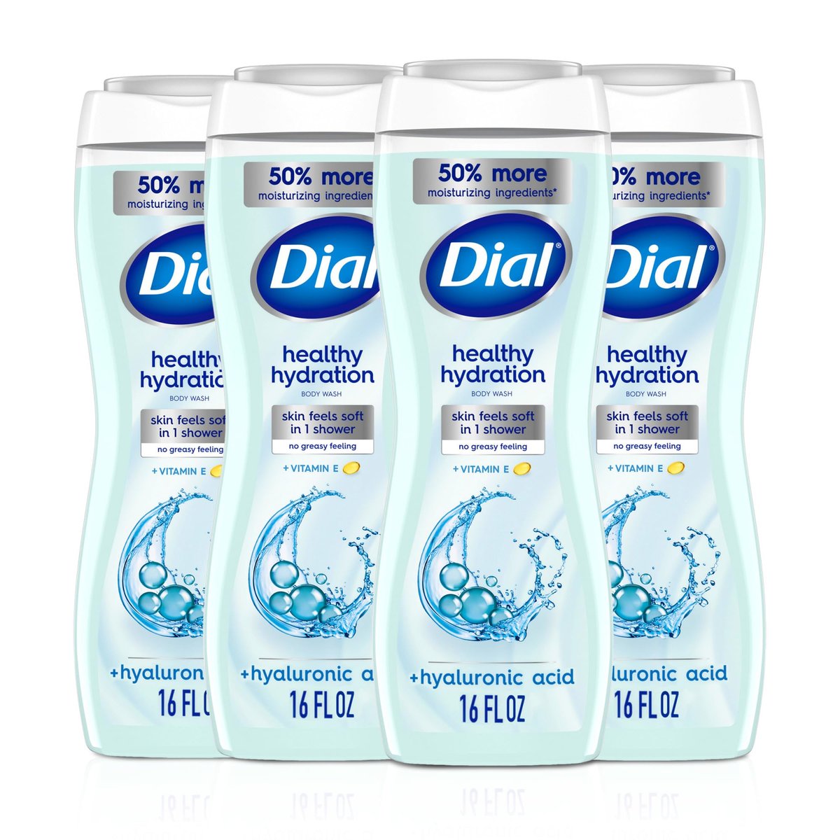 Dial Body Wash Healthy Hydration with Hyaluronic Acid & Vitamin E, 16 fl oz (Pack of 4) - Gentle Moisturizing Body Wash for Soft Skin Avelisse