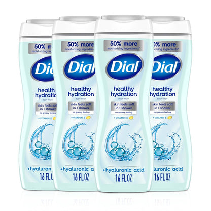 Dial Body Wash Healthy Hydration with Hyaluronic Acid & Vitamin E, 16 fl oz (Pack of 4) - Gentle Moisturizing Body Wash for Soft Skin Avelisse
