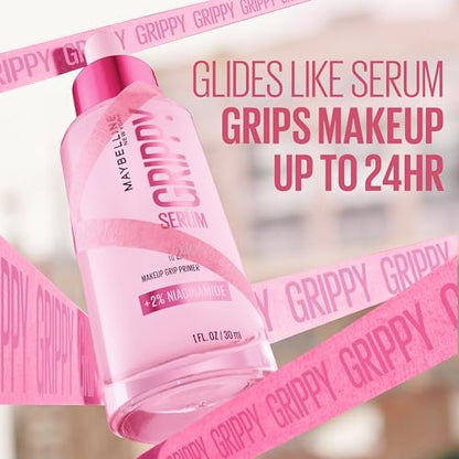 Maybelline Grippy Serum Primer – Hydrating Makeup Primer with 2% Niacinamide for Up to 24HR Wear, Clear, 1 Fl Oz