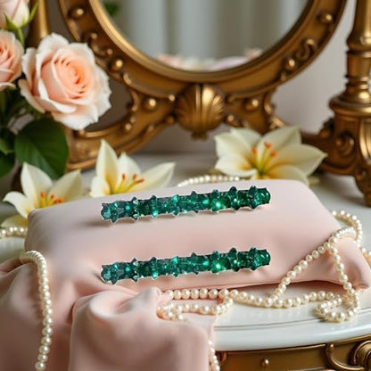 2-Pack Green Rhinestone Hair Barrette Clips - Shiny Duckbill Alligator Clips for Women, Bridal Wedding Hair Accessories