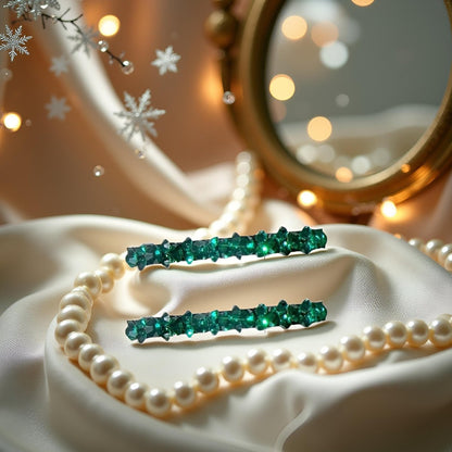 2-Pack Green Rhinestone Hair Barrette Clips - Shiny Duckbill Alligator Clips for Women, Bridal Wedding Hair Accessories