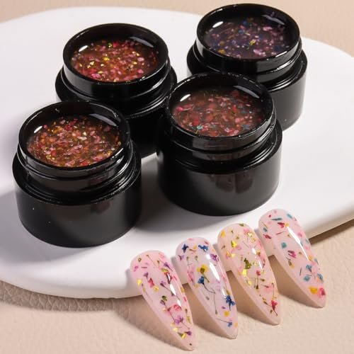 Fcozpjk Dried Flowers Gel Nail Polish Set - 4 Colors Translucent Jelly Nail Polish Kit for Spring Summer Floral Nail Design, Soak Off UV/LED Gel Polish for Home Manicure - görsel 14