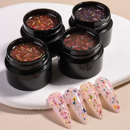 Fcozpjk Dried Flowers Gel Nail Polish Set - 4 Colors Translucent Jelly Nail Polish Kit for Spring Summer Floral Nail Design, Soak Off UV/LED Gel Polish for Home Manicure