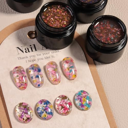 Fcozpjk Dried Flowers Gel Nail Polish Set - 4 Colors Translucent Jelly Nail Polish Kit for Spring Summer Floral Nail Design, Soak Off UV/LED Gel Polish for Home Manicure