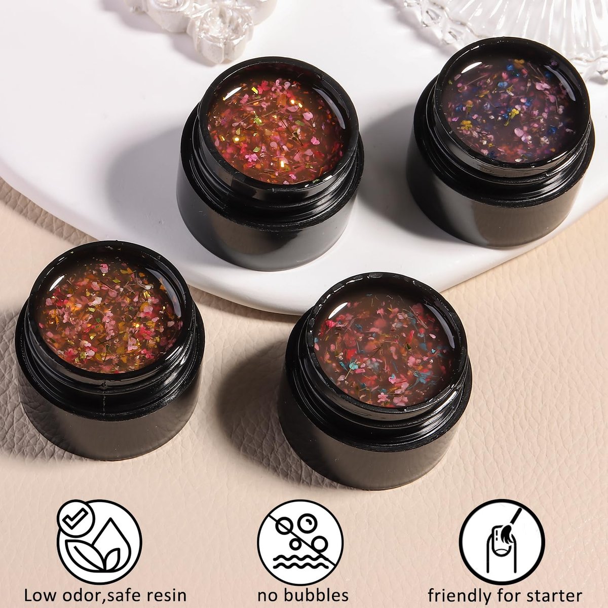 Fcozpjk Dried Flowers Gel Nail Polish Set - 4 Colors Translucent Jelly Nail Polish Kit for Spring Summer Floral Nail Design, Soak Off UV/LED Gel Polish for Home Manicure - görsel 3
