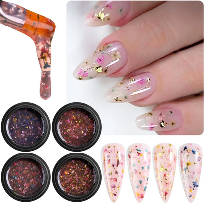 Fcozpjk Dried Flowers Gel Nail Polish Set - 4 Colors Translucent Jelly Nail Polish Kit for Spring Summer Floral Nail Design, Soak Off UV/LED Gel Polish for Home Manicure
