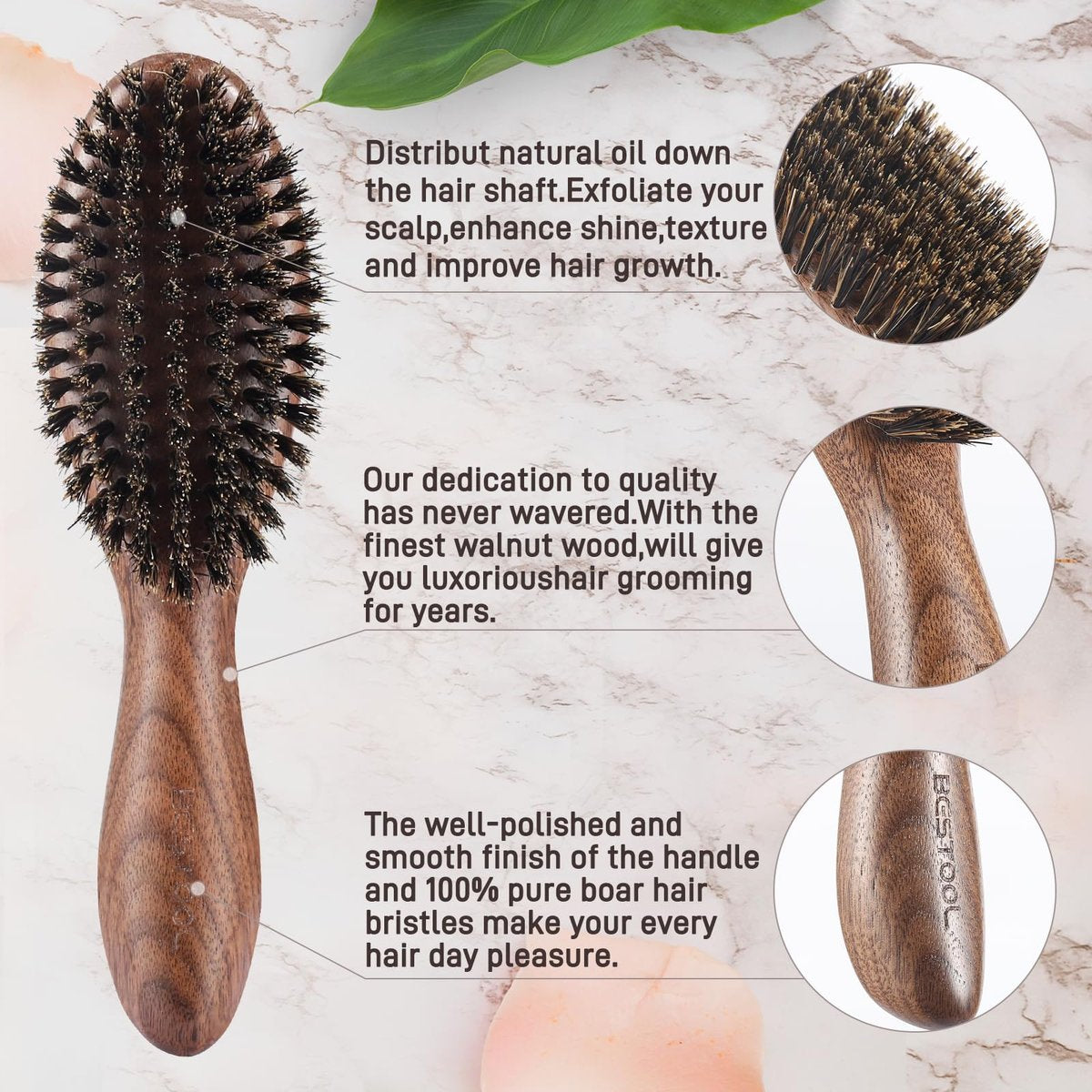 BESTOOL Natural Walnut Wood & Boar Bristle Hair Brush for Women, Men & Kids – Enhance Shine & Texture, Slick Back Hairbrush for Thin, Fine & Medium Hair Avelisse
