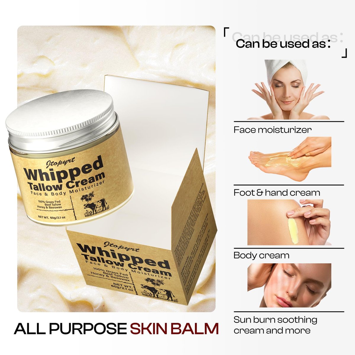 Jtopyrt Organic Grass-Fed Beef Tallow and Honey Balm - Whipped Tallow Face Moisturizer for Deep Nourishment, All Skin Types, 2.1 oz Avelisse