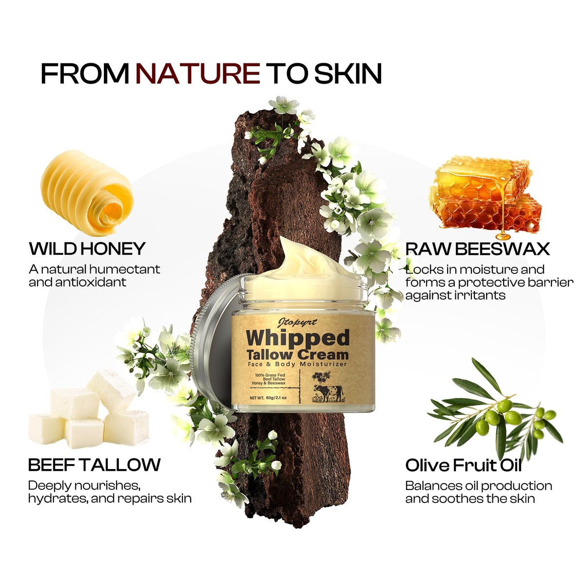 Jtopyrt Organic Grass-Fed Beef Tallow and Honey Balm - Whipped Tallow Face Moisturizer for Deep Nourishment, All Skin Types, 2.1 oz Avelisse