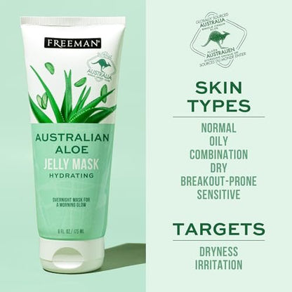 Freeman Exotic Blends Australian Aloe Jelly Mask - Leave-On Overnight Facial Mask for Calming, Soothing Irritation & Hydrating Dry Skin - Clean Skincare for All Skin Types - 6 fl. oz./175 ml Tube