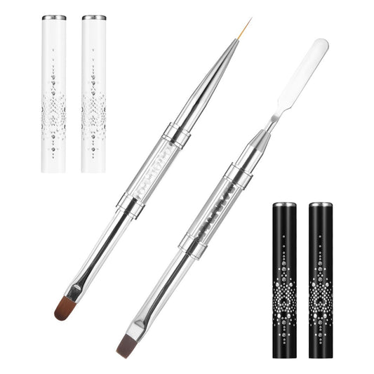 JJUNW 2 Pcs Double Ended Nail Builder Gel Brush & French Tip Brush for Hard Gel - Professional Nail Art Liner Brushes (Black & White)