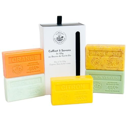 La Maison du Savon de Marseille French Soaps - Organic Shea Butter Nourishing Moisturising Skincare Gift Set - Citrus Fragrances (5 x 125g Bars)