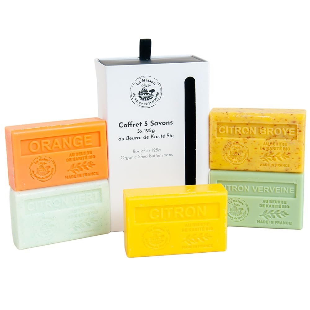 La Maison du Savon de Marseille French Soaps - Organic Shea Butter Nourishing Moisturising Skincare Gift Set - Citrus Fragrances (5 x 125g Bars) - görsel 1
