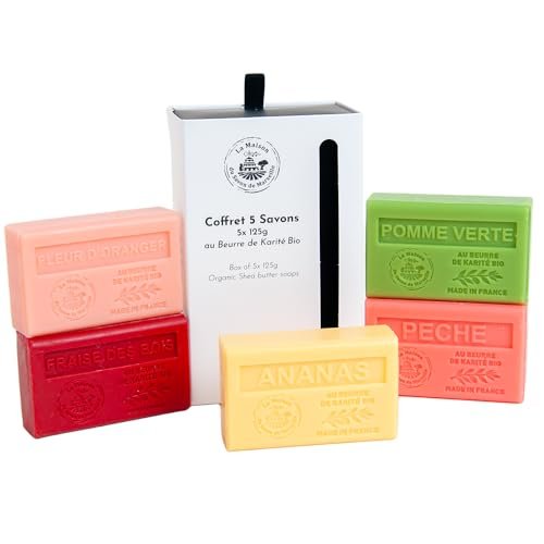 La Maison du Savon de Marseille French Soaps - Organic Shea Butter Skincare Gift Set - 5 x 125g Bars (Peach, Green Apple, Strawberry, Pineapple, Orange Blossom) - görsel 2