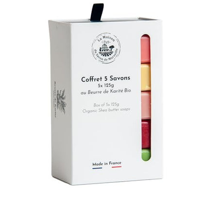La Maison du Savon de Marseille French Soaps - Organic Shea Butter Skincare Gift Set - 5 x 125g Bars (Peach, Green Apple, Strawberry, Pineapple, Orange Blossom)