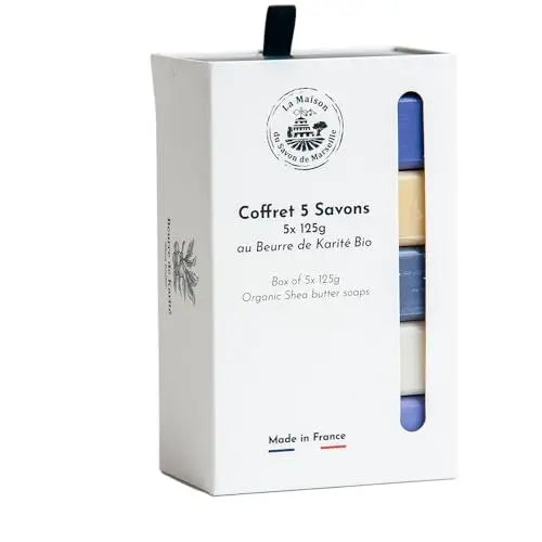 La Maison du Savon de Marseille - Organic Shea Butter French Soaps Gift Set - 5 x 125g Bars - Violet, Honeysuckle, Magnolia, Lilac, Lavender Avelisse