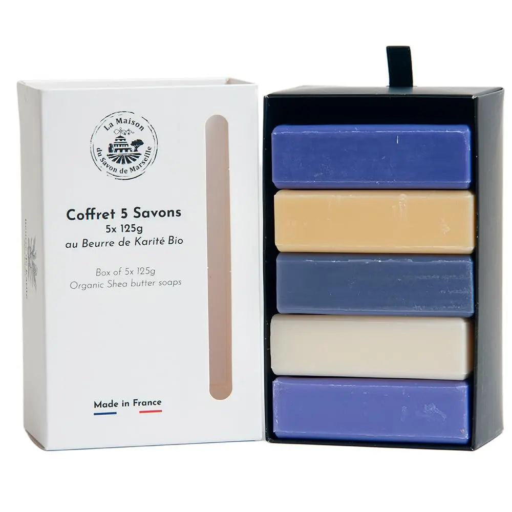 La Maison du Savon de Marseille - Organic Shea Butter French Soaps Gift Set - 5 x 125g Bars - Violet, Honeysuckle, Magnolia, Lilac, Lavender Avelisse
