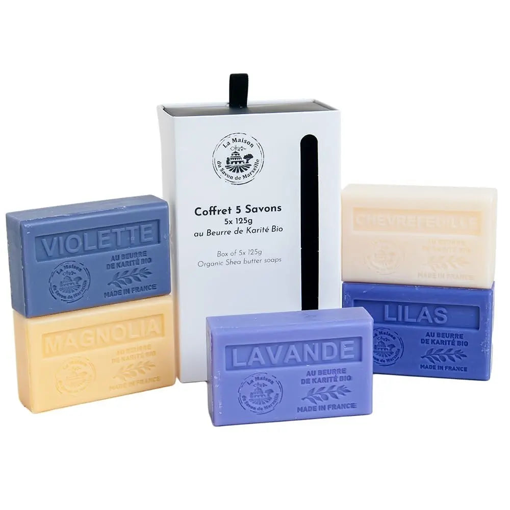 La Maison du Savon de Marseille - Organic Shea Butter French Soaps Gift Set - 5 x 125g Bars - Violet, Honeysuckle, Magnolia, Lilac, Lavender Avelisse