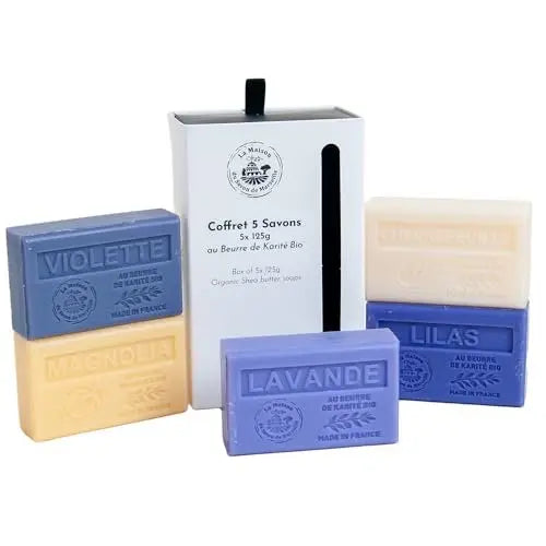La Maison du Savon de Marseille - Organic Shea Butter French Soaps Gift Set - 5 x 125g Bars - Violet, Honeysuckle, Magnolia, Lilac, Lavender Avelisse