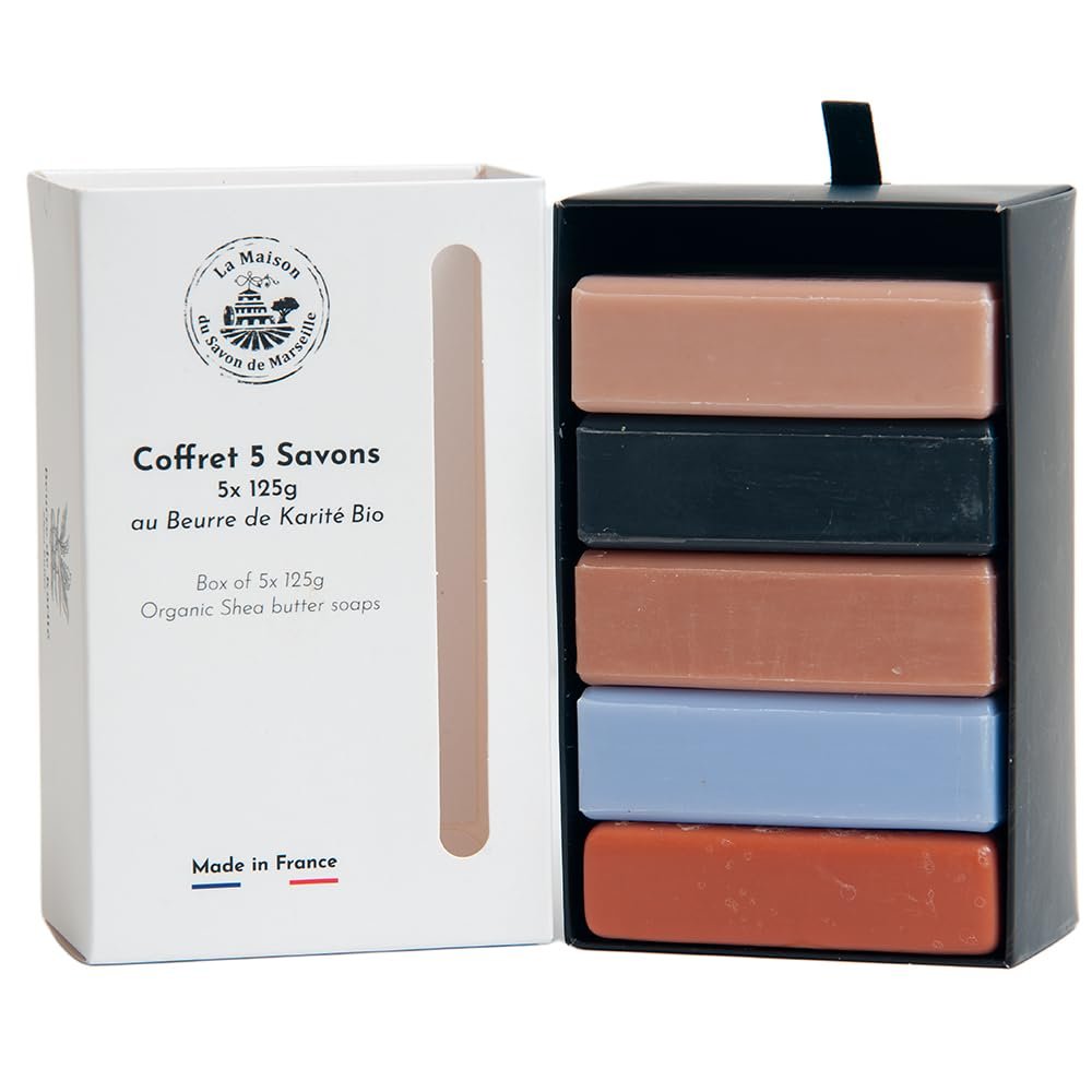 La Maison du Savon de Marseille French Soaps - 5 x 125g Bars - Organic Shea Butter Moisturising Skincare Gift Set - Masculine Fragrances (Musk, Cedar Wood, Oud Wood, Tonic, Opium) - görsel 5