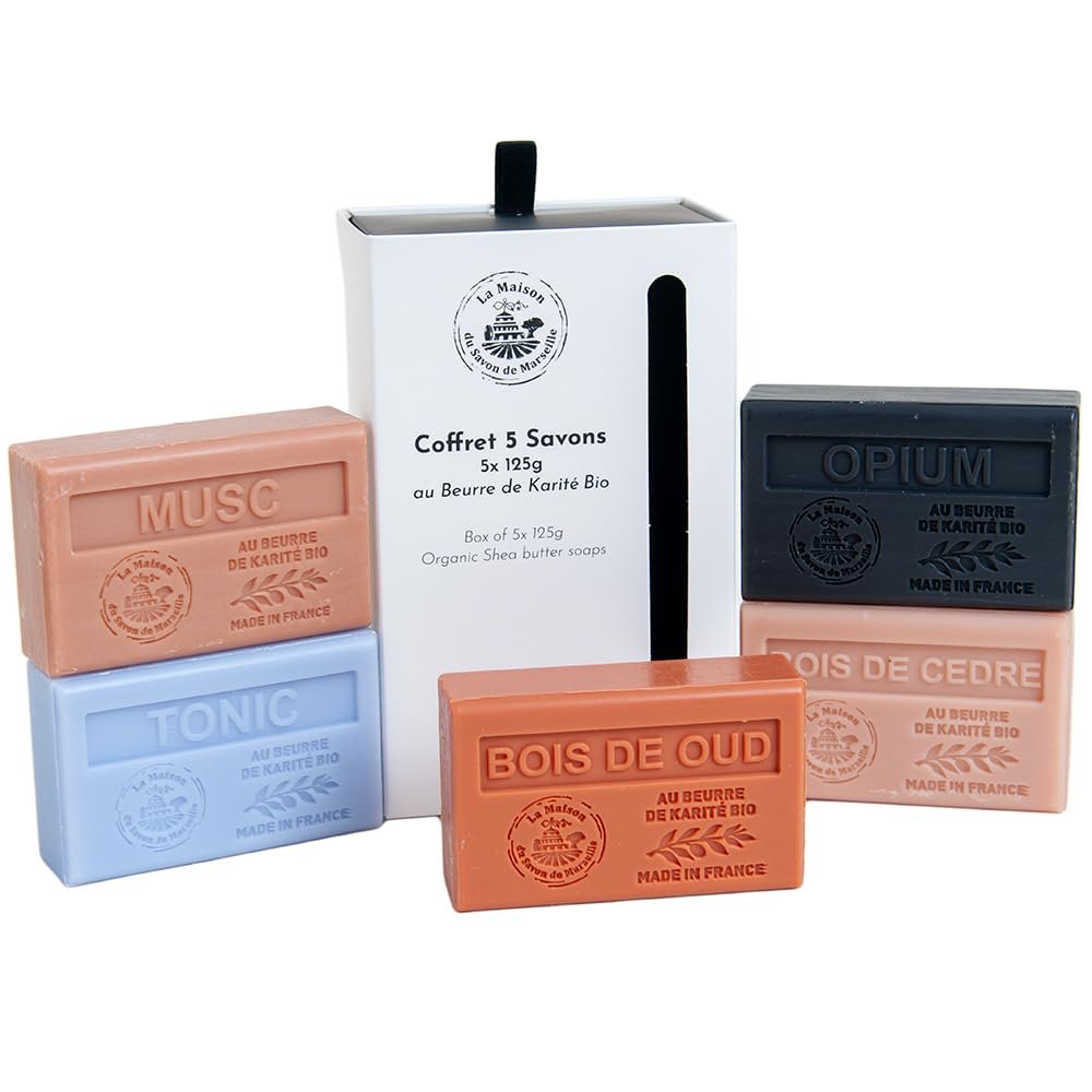 La Maison du Savon de Marseille French Soaps - 5 x 125g Bars - Organic Shea Butter Moisturising Skincare Gift Set - Masculine Fragrances (Musk, Cedar Wood, Oud Wood, Tonic, Opium) - görsel 1