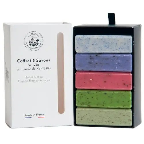 La Maison du Savon de Marseille French Soaps - 5 x 125g Bars - Organic Shea Butter Skincare Gift Set with Exfoliating Fragrances Avelisse