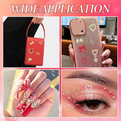 3D Gold Heart Nail Charms & Gems - Gold Bow Alloy Dangle, Red Heart Rhinestones, Y2K Nail Jewelry Pearls for Nail Art