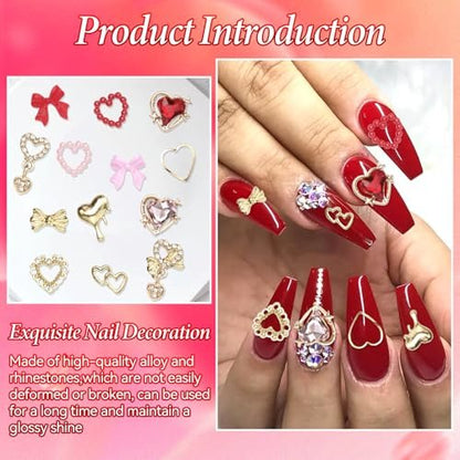 3D Gold Heart Nail Charms & Gems - Gold Bow Alloy Dangle, Red Heart Rhinestones, Y2K Nail Jewelry Pearls for Nail Art