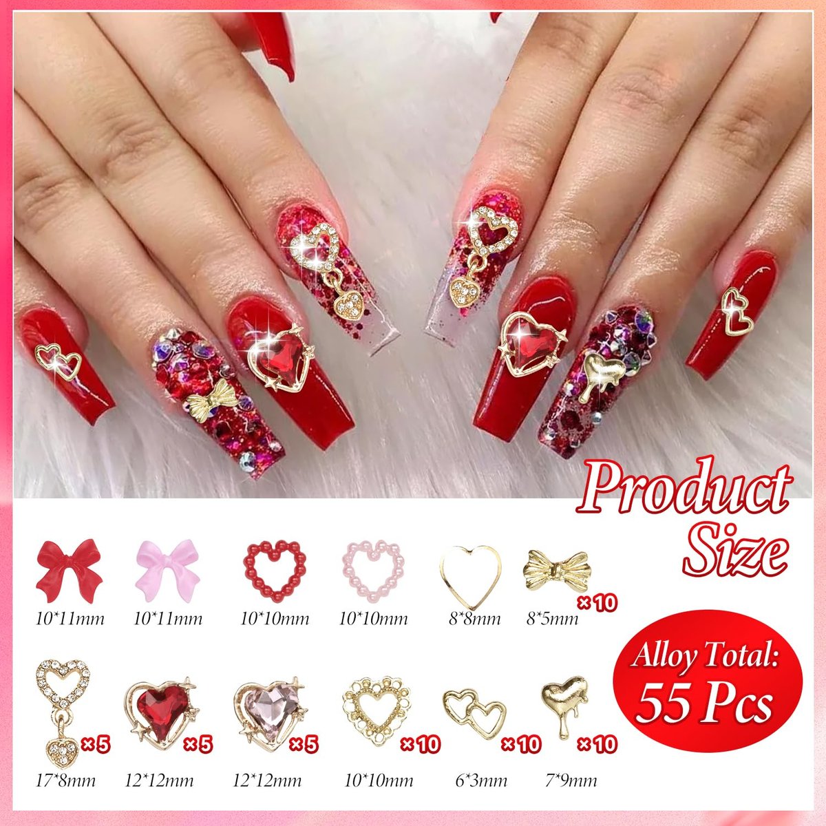 3D Gold Heart Nail Charms & Gems - Gold Bow Alloy Dangle, Red Heart Rhinestones, Y2K Nail Jewelry Pearls for Nail Art - görsel 3