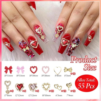 3D Gold Heart Nail Charms & Gems - Gold Bow Alloy Dangle, Red Heart Rhinestones, Y2K Nail Jewelry Pearls for Nail Art