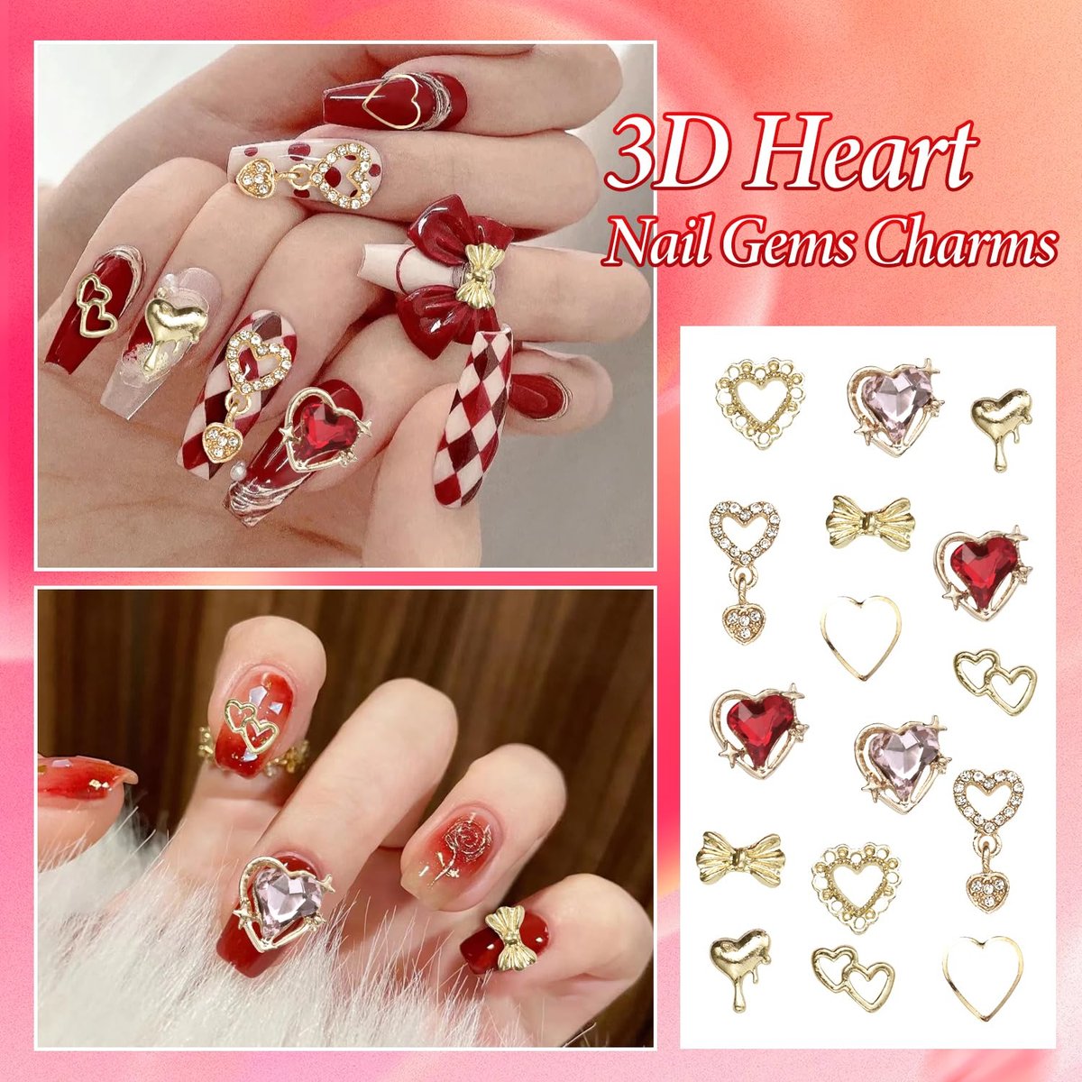 3D Gold Heart Nail Charms & Gems - Gold Bow Alloy Dangle, Red Heart Rhinestones, Y2K Nail Jewelry Pearls for Nail Art - görsel 9