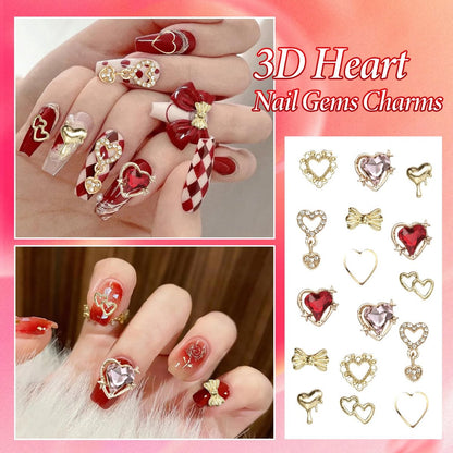 3D Gold Heart Nail Charms & Gems - Gold Bow Alloy Dangle, Red Heart Rhinestones, Y2K Nail Jewelry Pearls for Nail Art