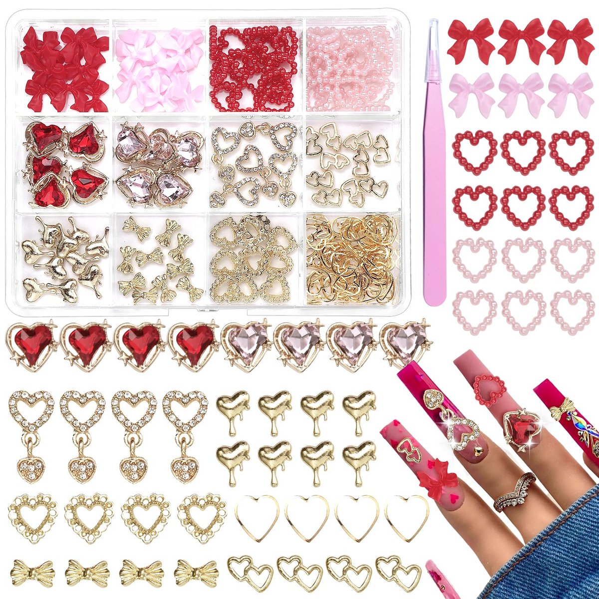 3D Gold Heart Nail Charms & Gems - Gold Bow Alloy Dangle, Red Heart Rhinestones, Y2K Nail Jewelry Pearls for Nail Art - görsel 1