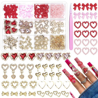 3D Gold Heart Nail Charms & Gems - Gold Bow Alloy Dangle, Red Heart Rhinestones, Y2K Nail Jewelry Pearls for Nail Art