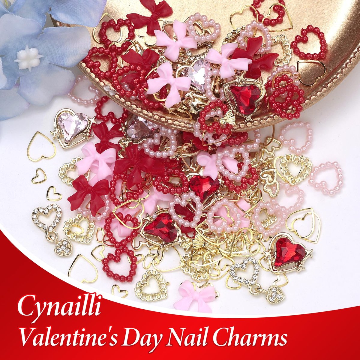 3D Gold Heart Nail Charms & Gems - Gold Bow Alloy Dangle, Red Heart Rhinestones, Y2K Nail Jewelry Pearls for Nail Art - görsel 5