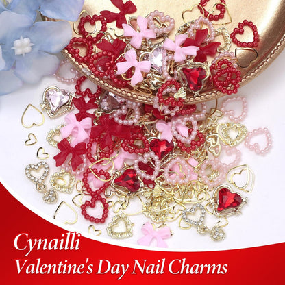 3D Gold Heart Nail Charms & Gems - Gold Bow Alloy Dangle, Red Heart Rhinestones, Y2K Nail Jewelry Pearls for Nail Art