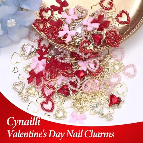 3D Gold Heart Nail Charms & Gems - Gold Bow Alloy Dangle, Red Heart Rhinestones, Y2K Nail Jewelry Pearls for Nail Art - görsel 6