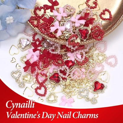 3D Gold Heart Nail Charms & Gems - Gold Bow Alloy Dangle, Red Heart Rhinestones, Y2K Nail Jewelry Pearls for Nail Art