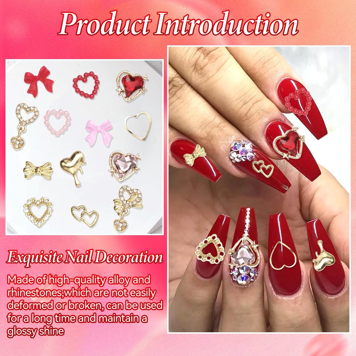 3D Gold Heart Nail Charms & Gems - Gold Bow Alloy Dangle, Red Heart Rhinestones, Y2K Nail Jewelry Pearls for Nail Art - görsel 7