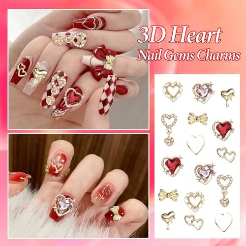3D Gold Heart Nail Charms & Gems - Gold Bow Alloy Dangle, Red Heart Rhinestones, Y2K Nail Jewelry Pearls for Nail Art - görsel 10