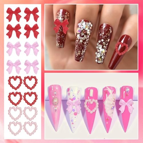 3D Gold Heart Nail Charms & Gems - Gold Bow Alloy Dangle, Red Heart Rhinestones, Y2K Nail Jewelry Pearls for Nail Art - görsel 12