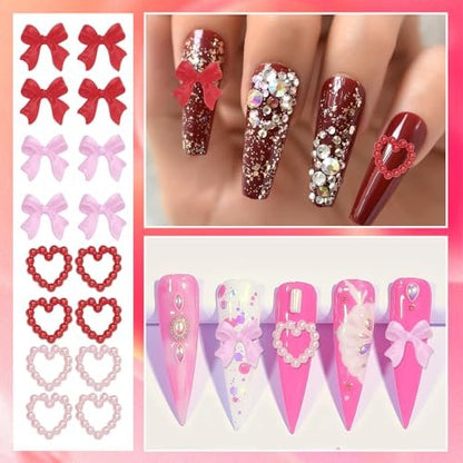 3D Gold Heart Nail Charms & Gems - Gold Bow Alloy Dangle, Red Heart Rhinestones, Y2K Nail Jewelry Pearls for Nail Art